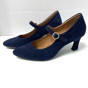 Sofft Mary Jane Pump Size 9M Navy Blue Suede High Heel Pointed Toe Cushioned